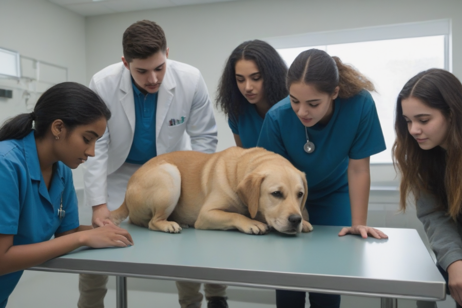 Estudiantes de una academia de veterinaria mirando un perro