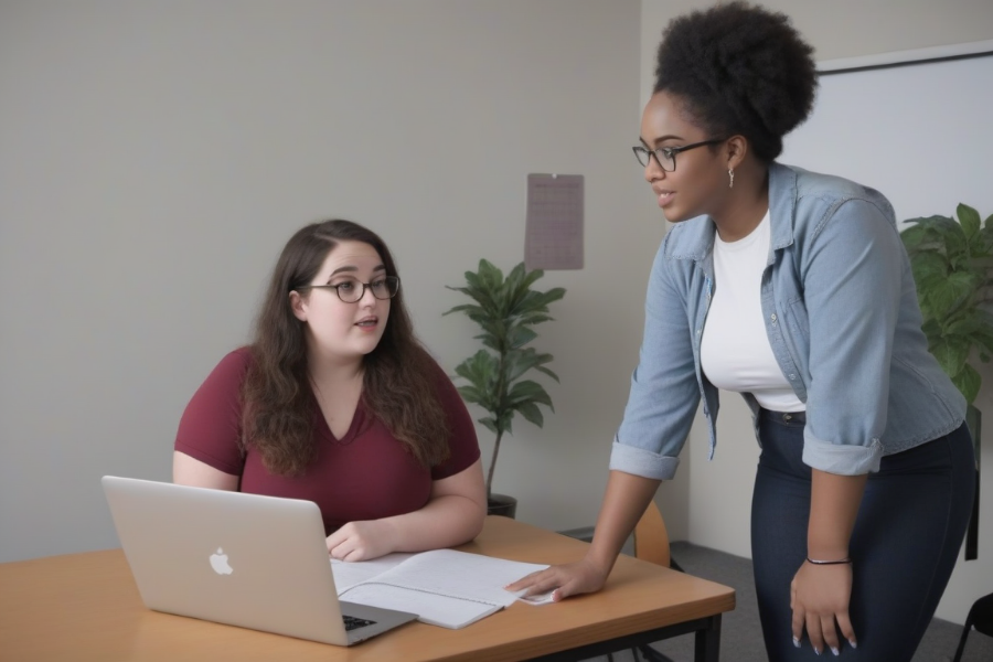 Una chica hablando con personal de la universidad