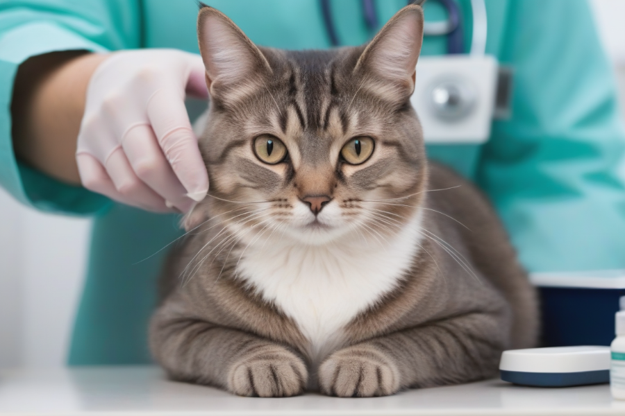 Un gato gris y blanco en una consulta veterinaria