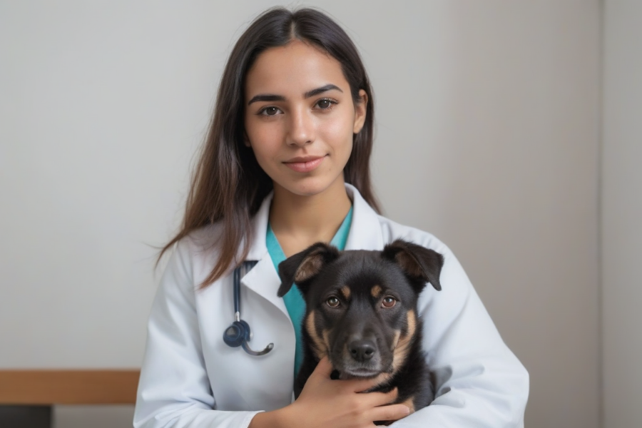 Una joven veterinaria con un perro