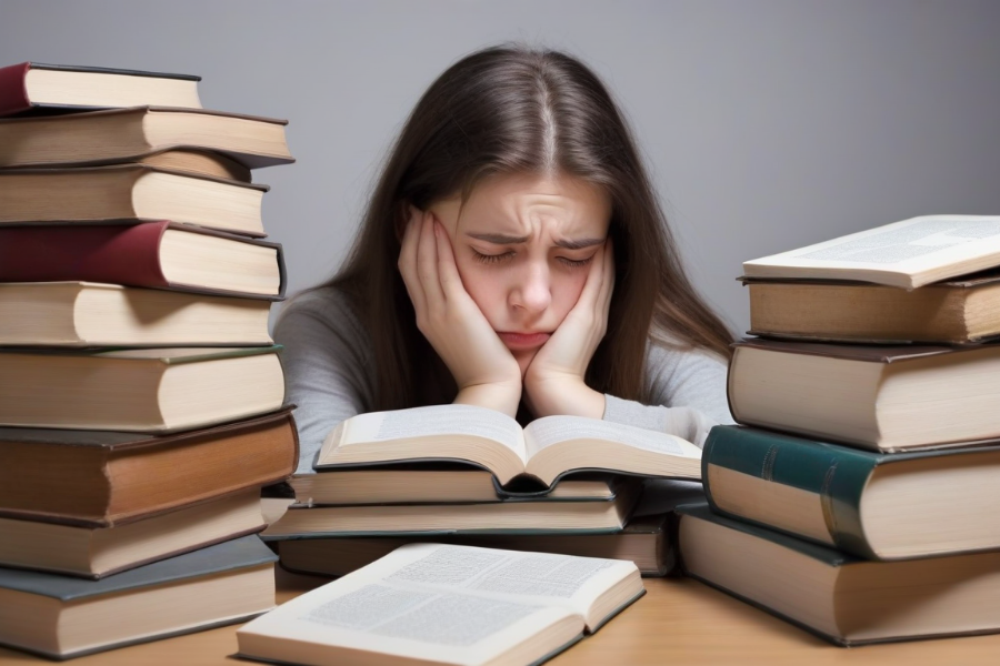 Una estudiante estudiando duramente rodeada de muchos libros