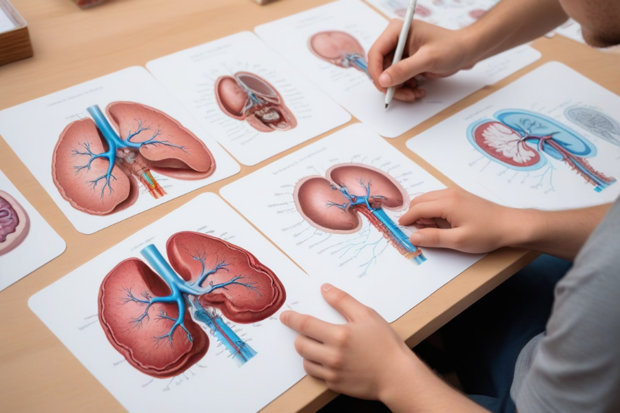 Un estudiante estudiando los órganos de anatomía con flashcards