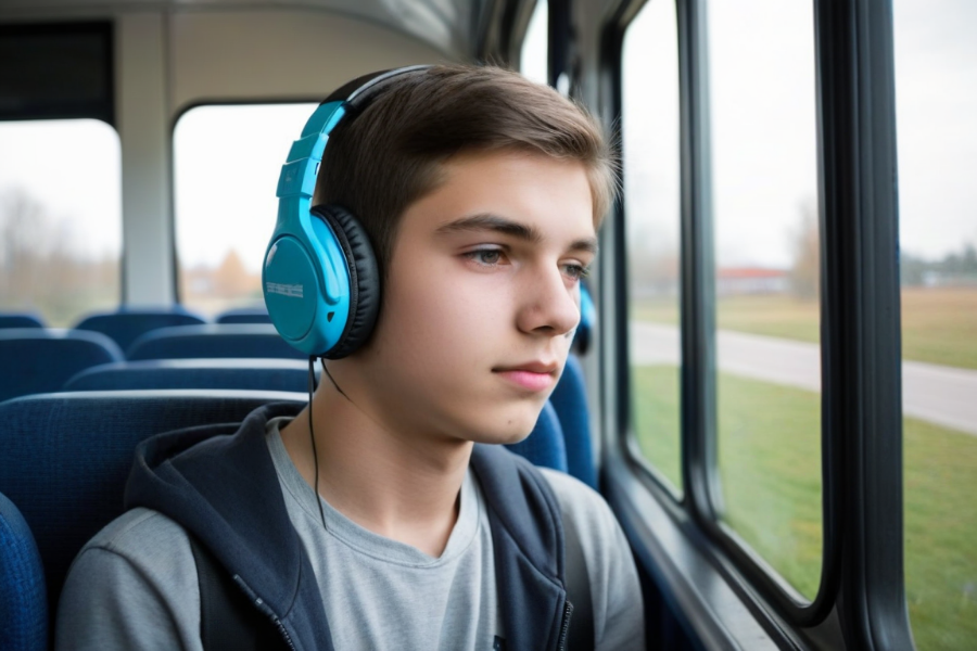 Estudiante escuchando auriculares