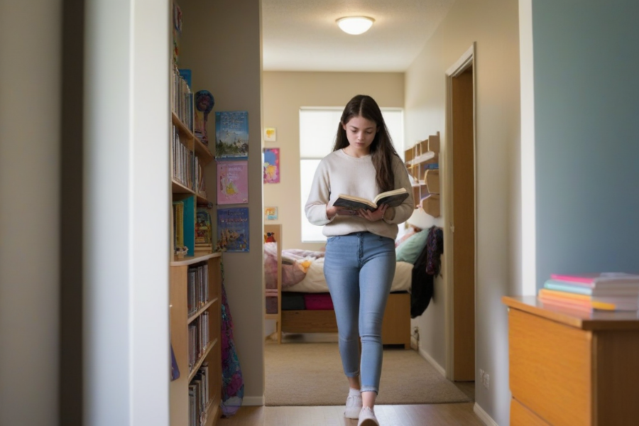 Una chica estudiando mientras anda porque tiene aprendizaje kinestésico