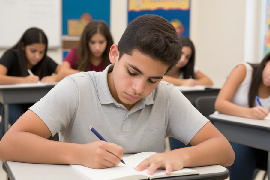 Estudiante tomando apuntes en clase por tener aprendizaje lecto-escrito