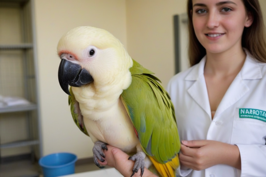 Una chica estudiante de veterinaria con un loro blanco de alas verdes