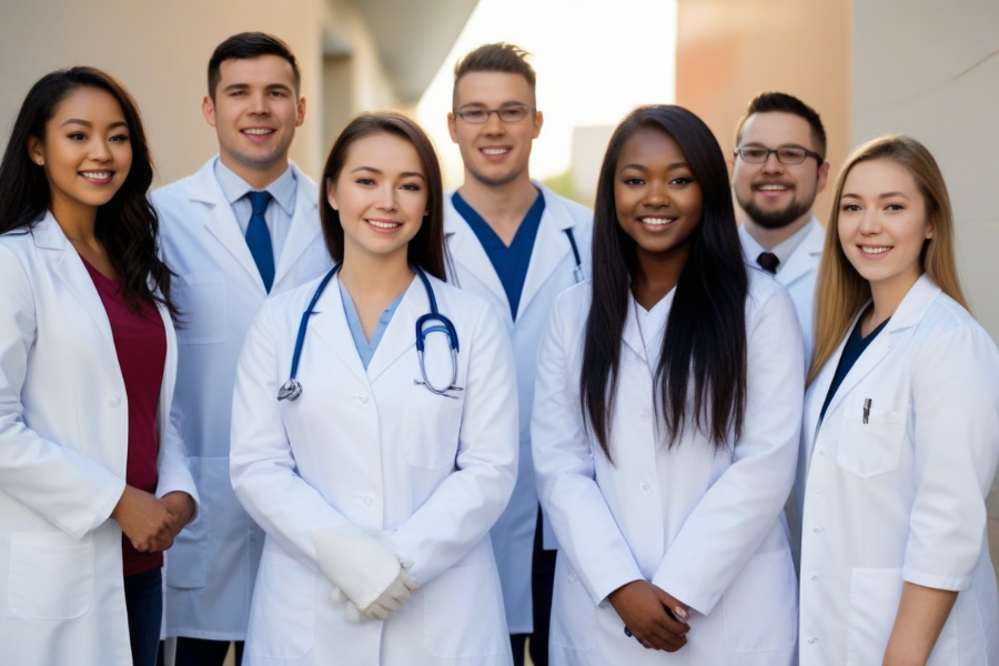 Un grupo de estudiantes de veterinaria con bata blanca posando para la foto