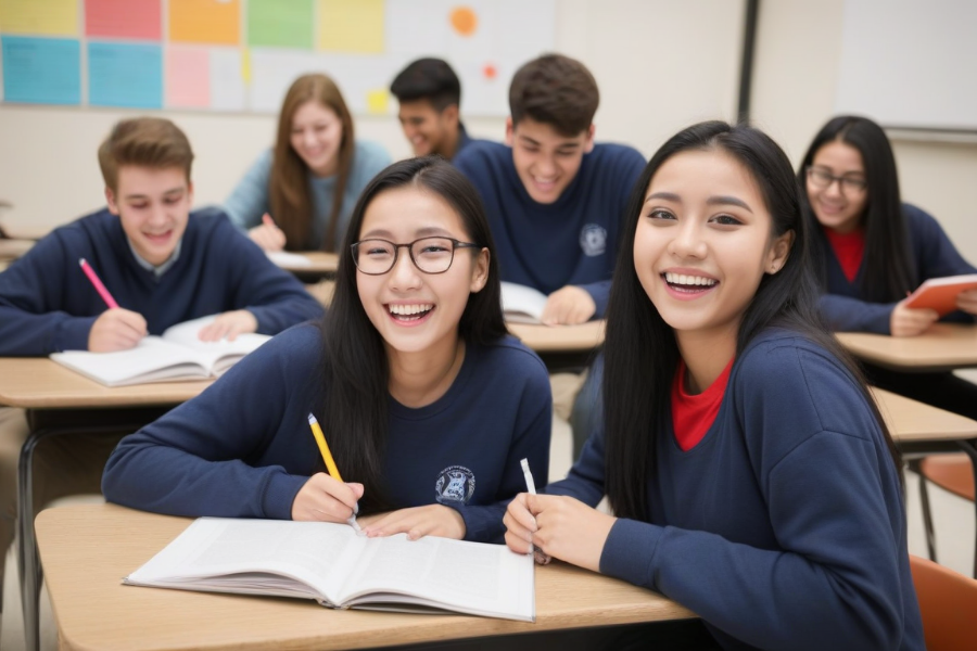 Un grupo de estudiantes mostrando felicidad en la biblioteca