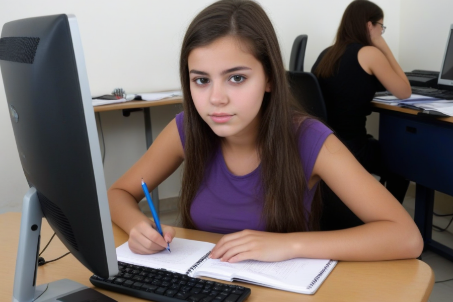 Una chica apunta en un cuaderno delante de un ordenador