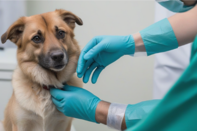 Un médico veterinario con guantes xhequenado un perro