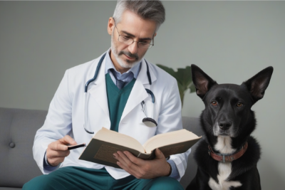 Médico veterinario leyendo un manual junto a un perro