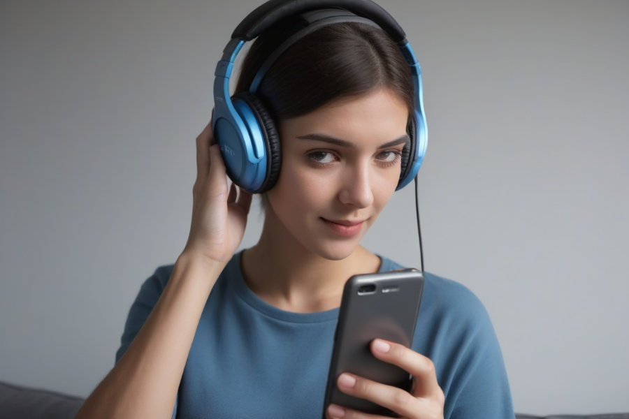 Un chica estudiante de veterinaria escuchando un podcast con su teléfono móvil o celular