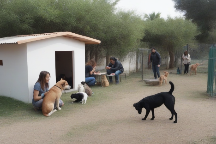 Unos voluntarios con perros y gatos en un refugio para animales